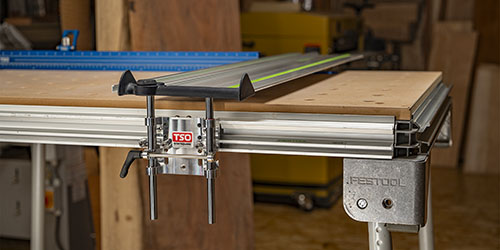 StaySquare guide rail hinge mounted to the extrusion of a Festool MFT/3